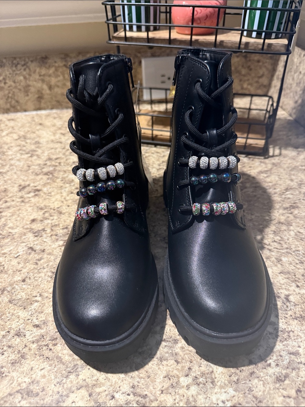art class Kids Black Bronx Lace-Up Combat Boots Bead Accents Lug Sol Side Zip
